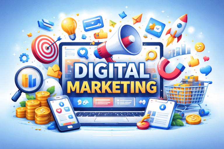 Digital Marketing course illustration with SEO, social media, analytics, and online advertising concepts